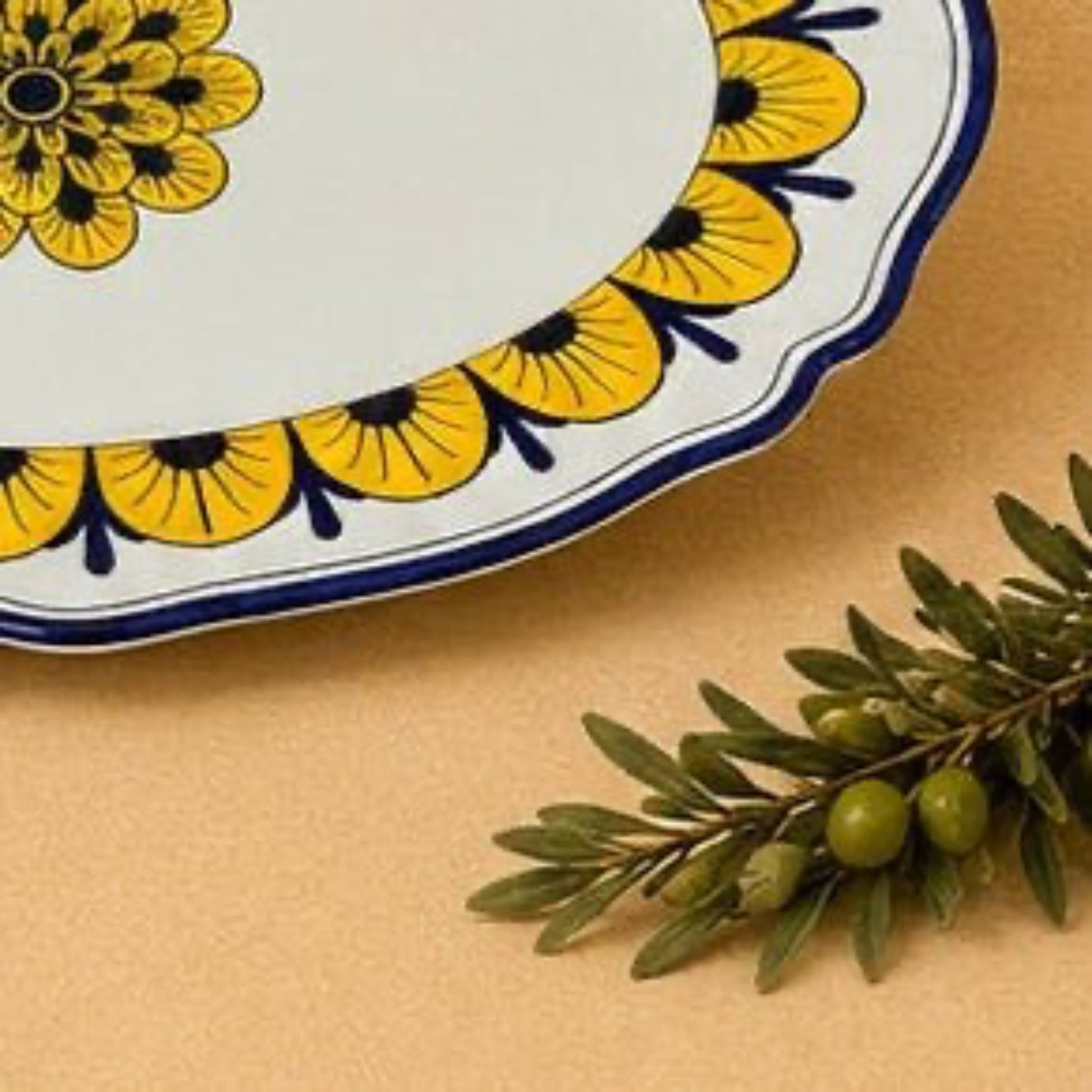 Hand-painted Stratificata oval Italian ceramic serving platter with a layered cobalt blue sponge-painted border, handmade in Deruta, Italy.