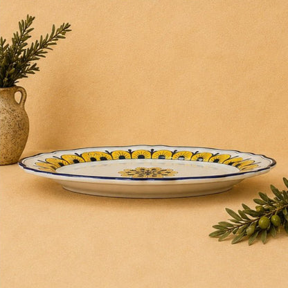 Hand-painted Stratificata oval Italian ceramic serving platter with a layered cobalt blue sponge-painted border, handmade in Deruta, Italy.
