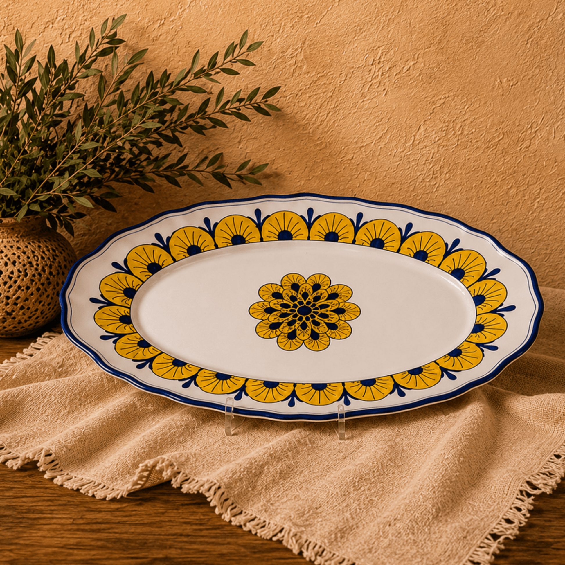 Hand-painted Stratificata oval Italian ceramic serving platter with a layered cobalt blue sponge-painted border, handmade in Deruta, Italy.